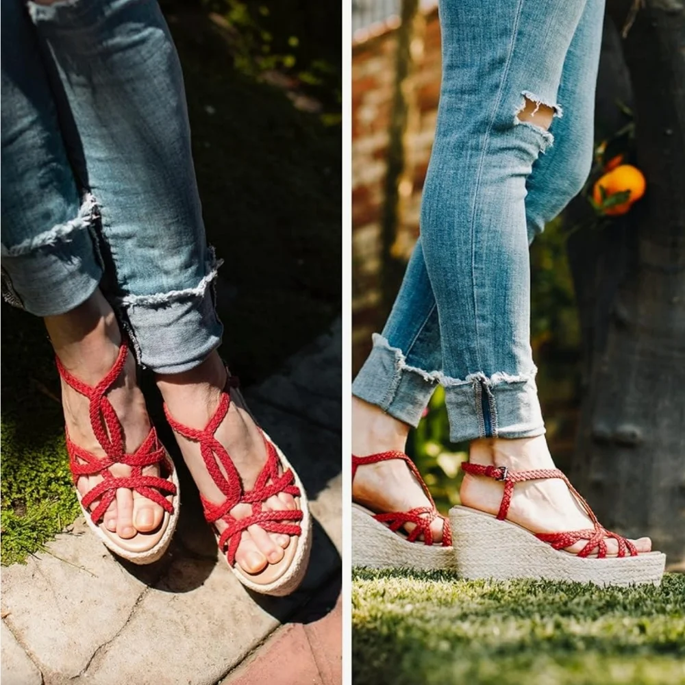 Vintage Foundry Espadrill Sandals Womens Size 10 Red Ankle Straps Wedge Sandals